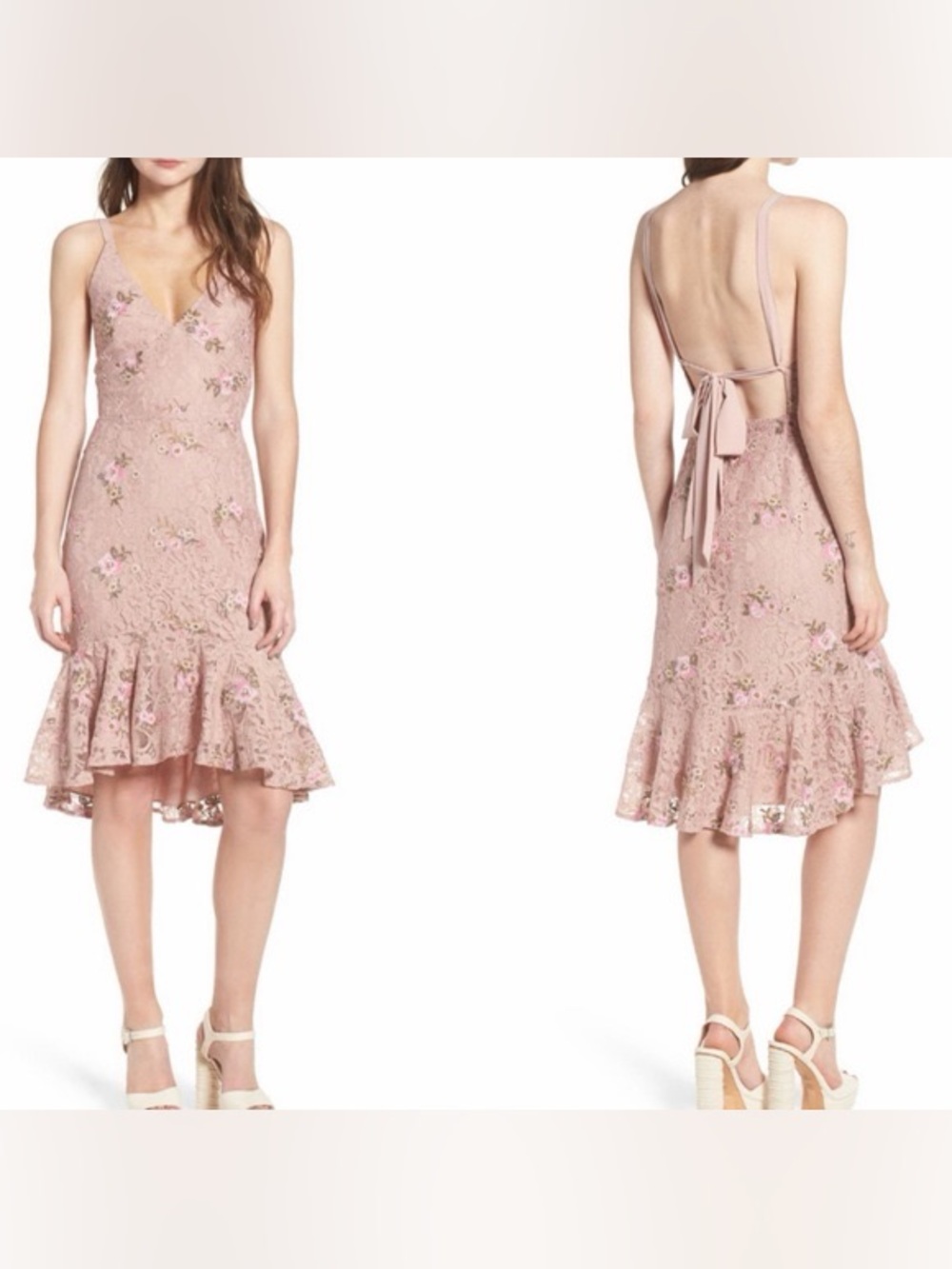 Wayf Ferrara Lace Dress in a blush color, featuring delicate floral embroidery